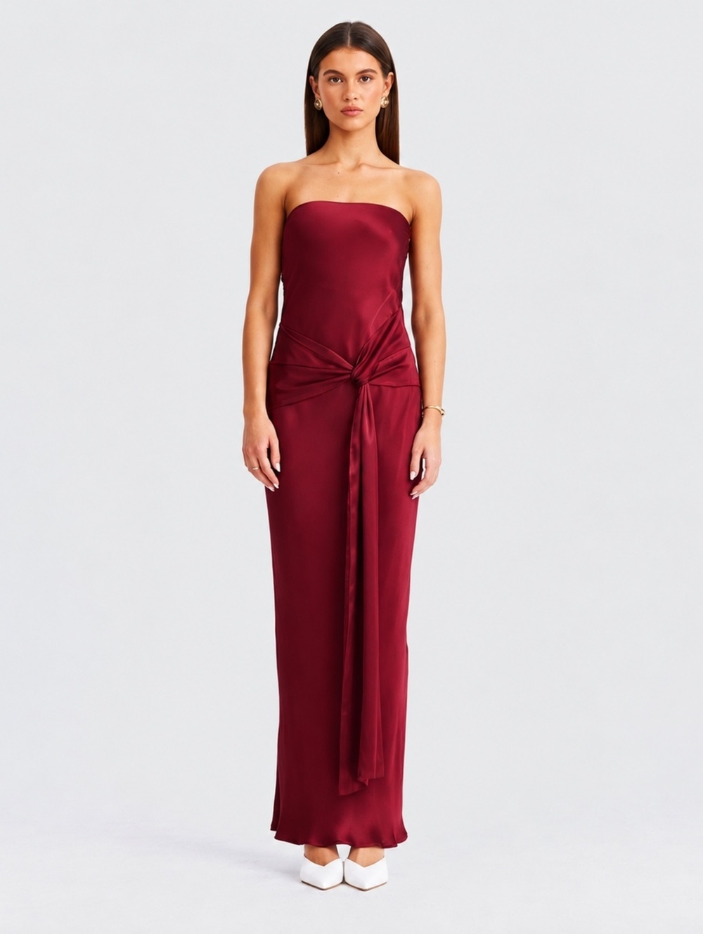 SNDYS Angie Tie Front Maxi Dress Wine Red Strapless Satin Medium